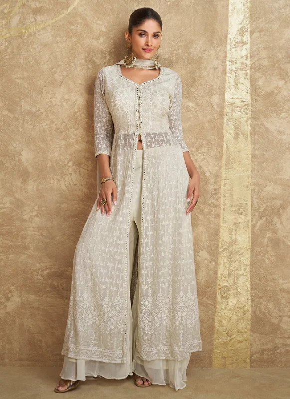 Huge Savings Ivory White Traditional Embroidered Slit Style Palazzo Suit