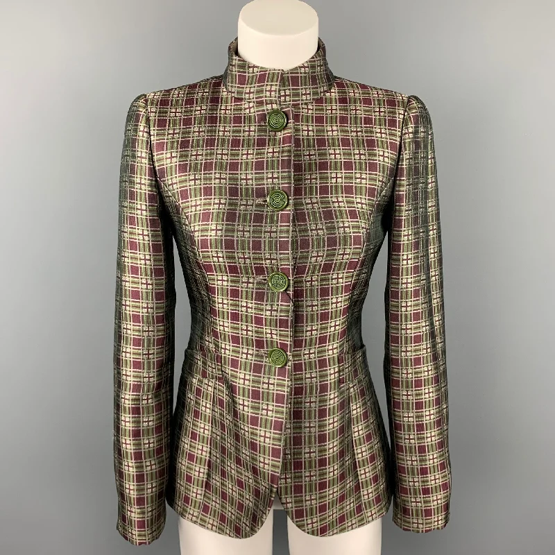 GIORGIO ARMANI Size 2 Burgundy / Green Plaid Wool Blend Nehru Collar Jacket