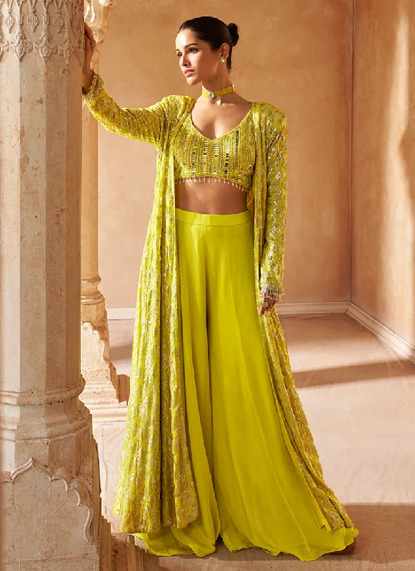 Price Cut Golden Yellow Embroidered Jacket Style Palazzo Suit