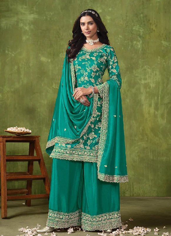 Discount Extravaganza Turquoise Reshamkari Embroidery Traditional Palazzo Suit