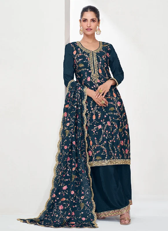 Sneak Peek Sale Dark Blue Floral Embroidery Festival Palazzo Suit