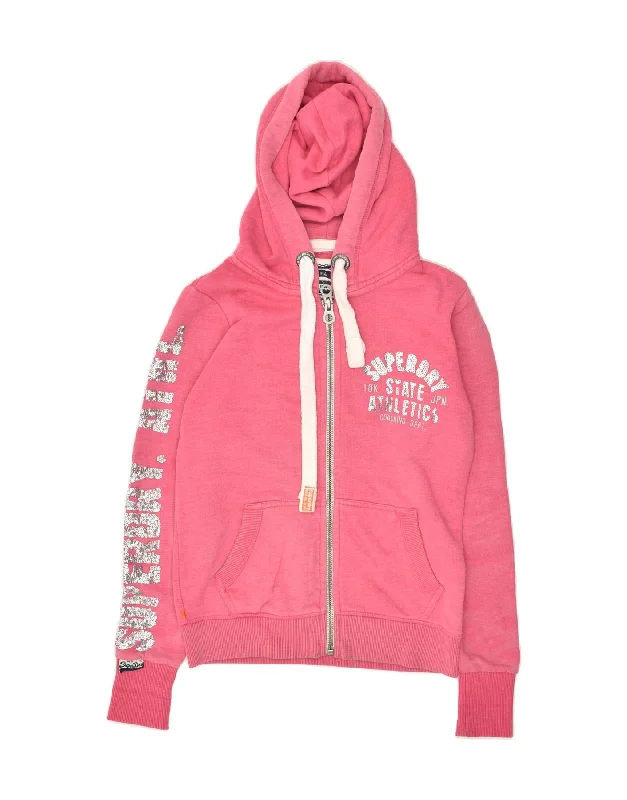 SUPERDRY Womens Loose Fit Graphic Zip Hoodie Sweater UK 6 XS Pink Cotton