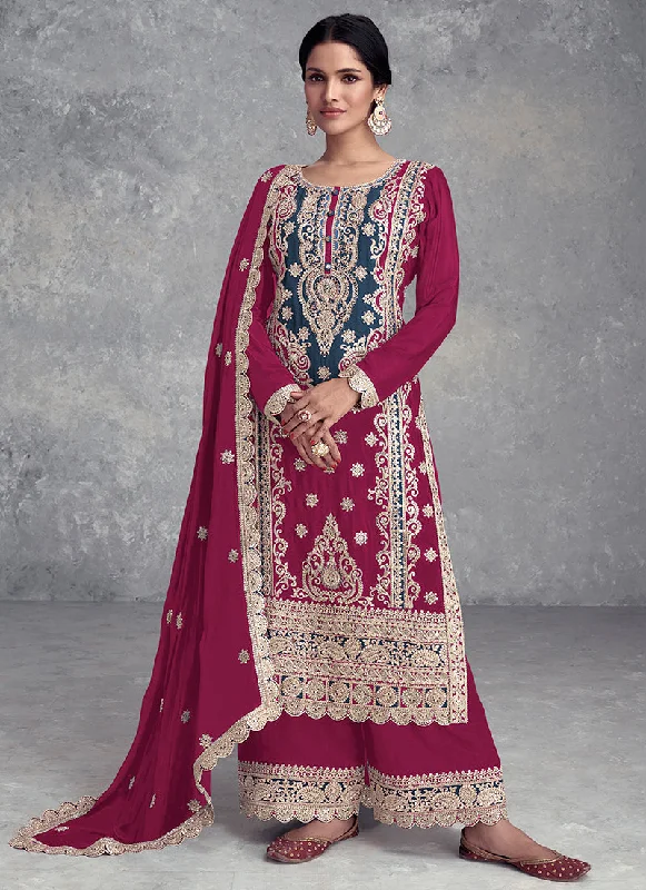 Hurry In Magenta Embroidered Festive Palazzo Suit