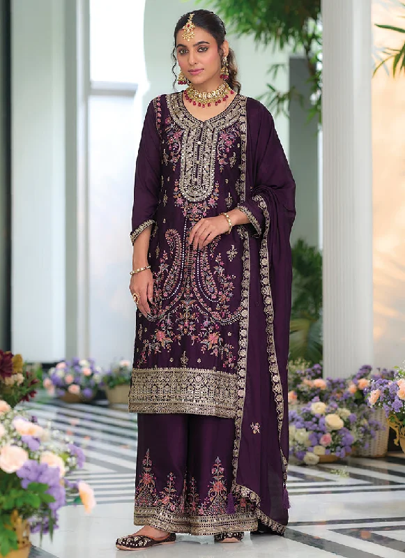 Factory Direct Sale Deep Purple Multi Embroidery Traditional Palazzo Suit