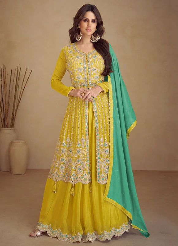 Overstock Yellow And Turquoise Traditional Embroidered Wedding Anarkali Palazzo Suit