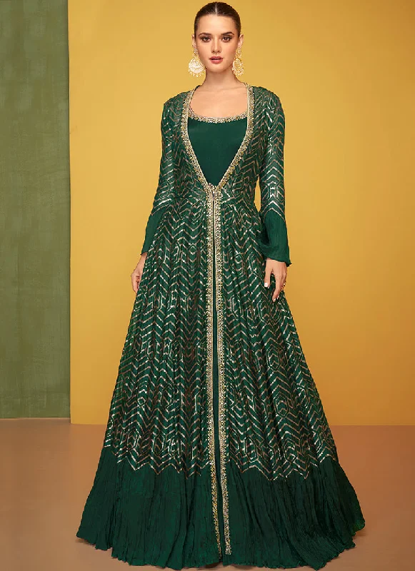 Huge Discounts Dark Green Embroidery Jacket Style Anarkali Gown