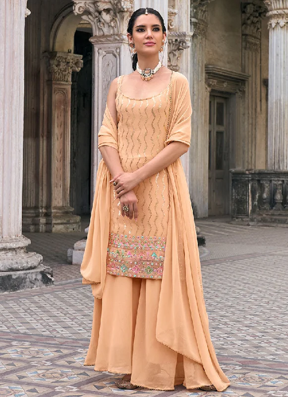 Big Discounts Peach Multi Embroidery Designer Sharara Suit