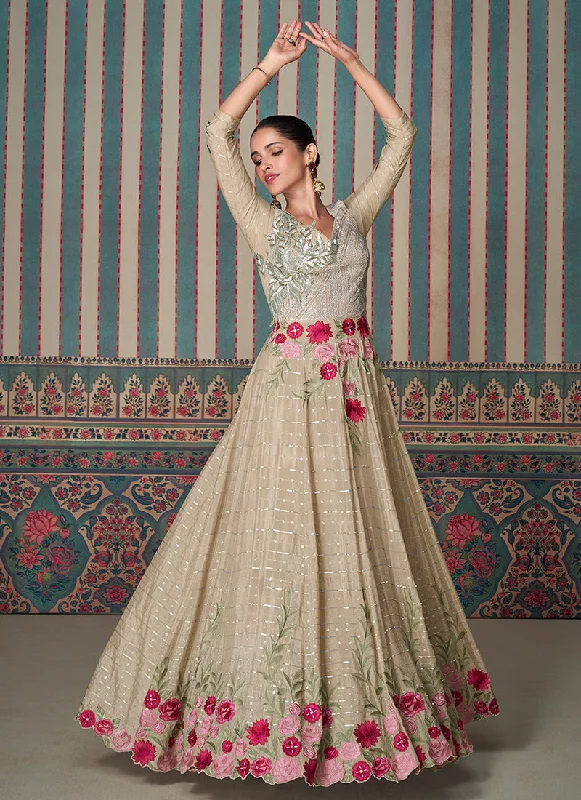 Savings Event Beige Golden Multi Embroidered Silk Anarkali Gown