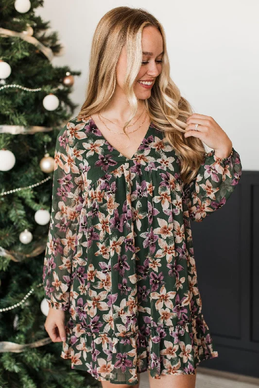 Clearance Event Positively Perfect Floral Print Dress- Hunter Green