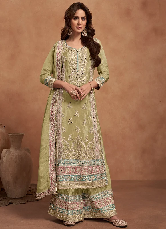 Online Specials Lime Green Multi Embroidered Wedding Palazzo Suit