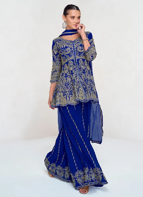 Value Deals Royal Blue Embroidery Designer Peplum Style Palazzo Suit