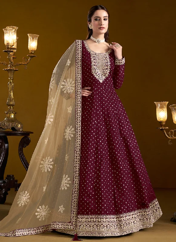 Daily Deals Maroon Embroidered Silk Anarkali Suit