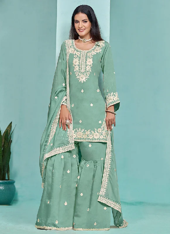 Blowout Sale Mint Green Designer Embroidery Wedding Gharara Suit