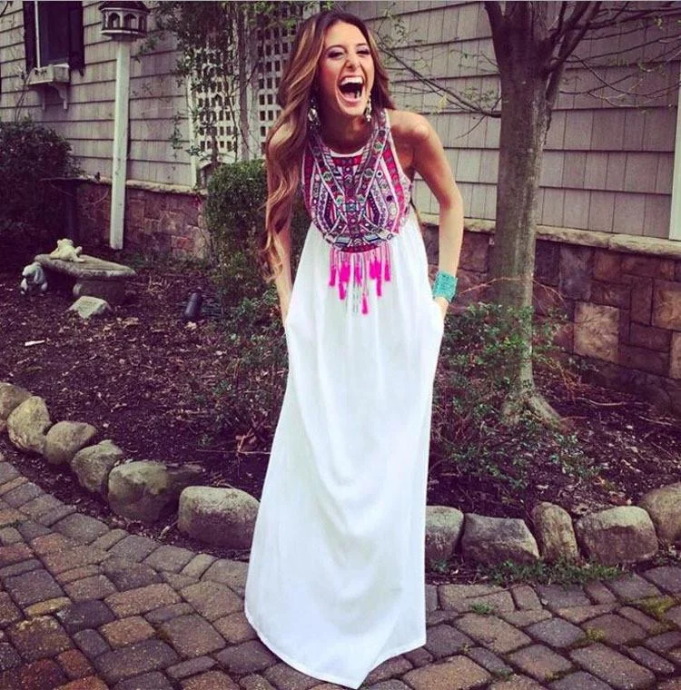 Price Break Scoop Sleeveless Print Loose White Long Chiffon Dress