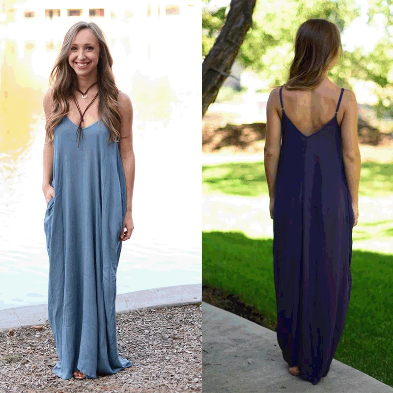 Must-Have Deals Spaghetti Strap V-neck Pleated Floor-length Long Cotton Loose Dress
