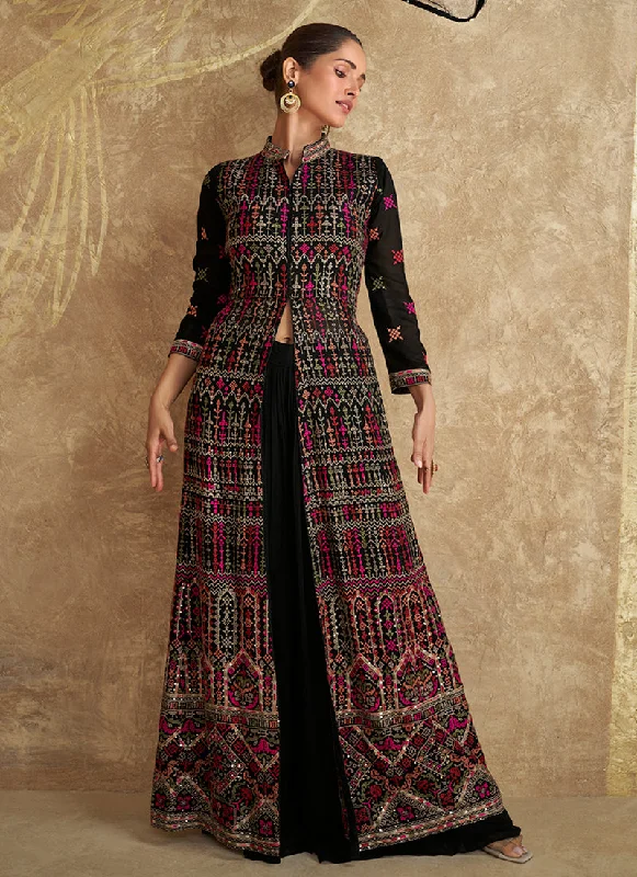 Final Sale Black Multi Traditional Embroidered Slit Style Palazzo Suit