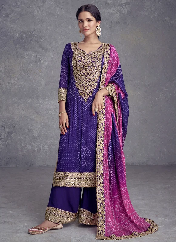 Exclusive Savings Purple And Pink Mirror Embroidery Bandhani Prited Palazzo Suit