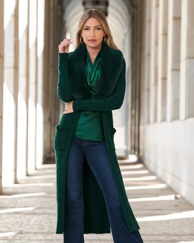 Price Reduction Faux Fur Collar Ribbed Long Cardigan Deep Emerald