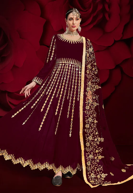 Great Bargains Maroon Golden Mirror Work Flared Anarkali Pant Suit