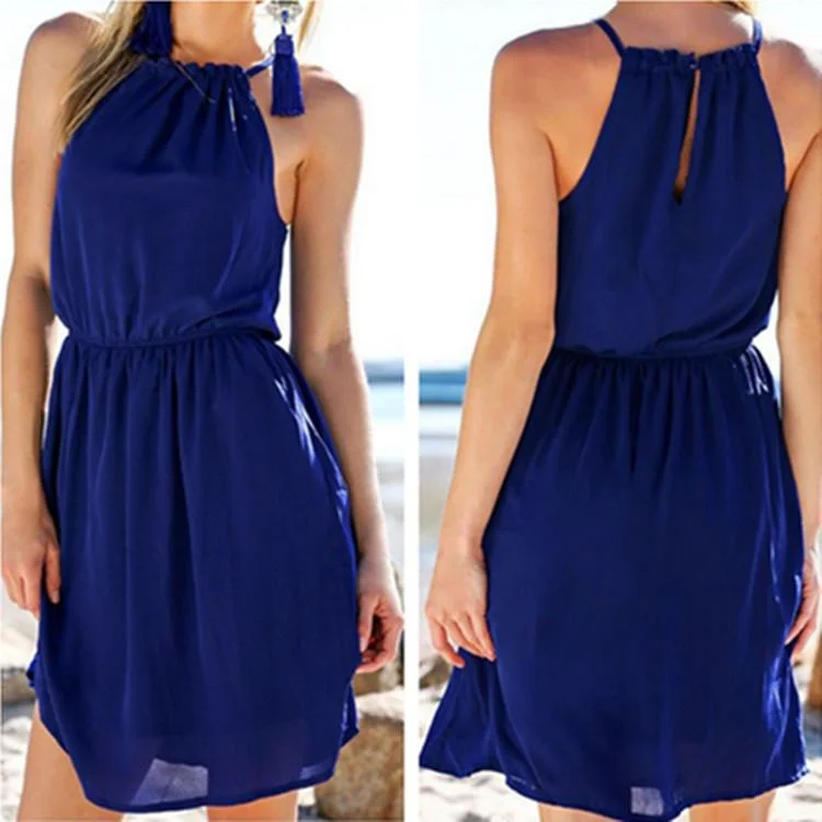 Massive Deals Pure Color O-neck Backless Sleeveless Short Dress