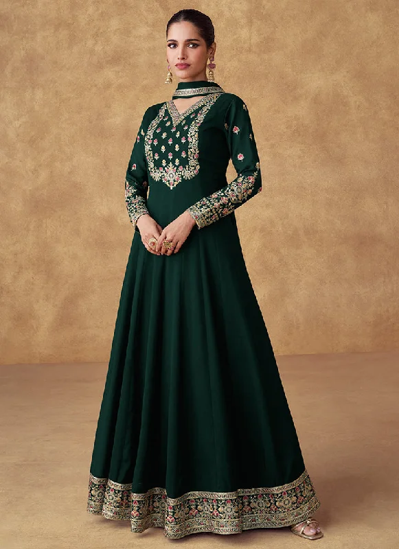 Limited Edition Bottle Green Multi Embroidery Designer Anarkali Suit