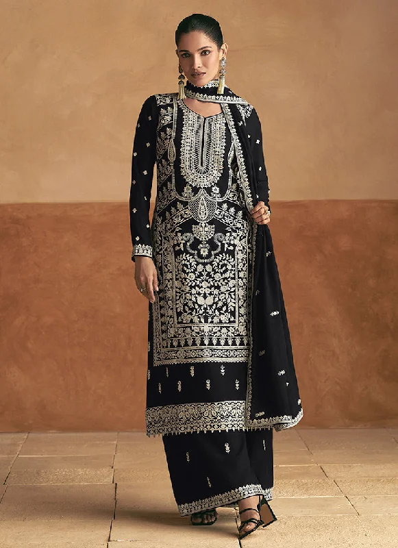 New Deals Black Resham Thread Embroidery Palazzo Style Suit
