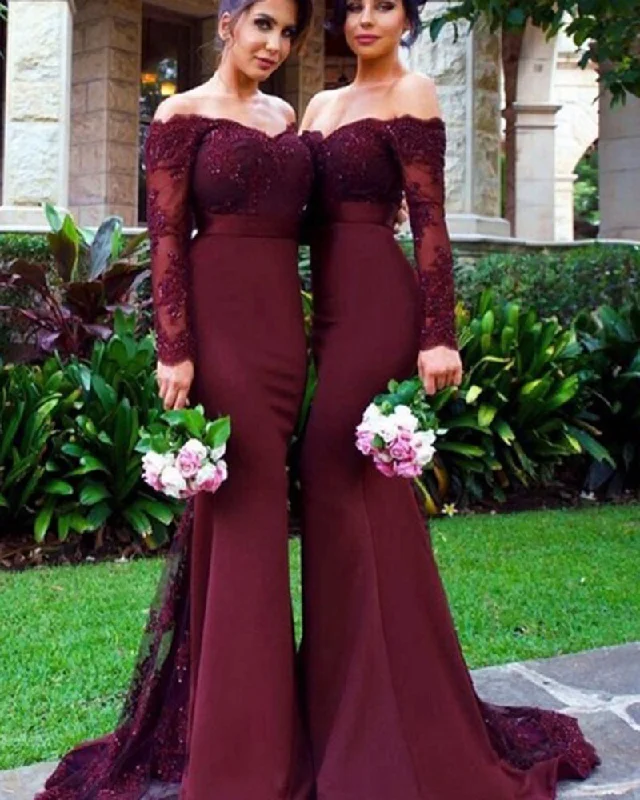 Blowout Deals Vintage Women Burgundy Bridesmaid Dress with Long Sleeves for Wedding Party PL6630