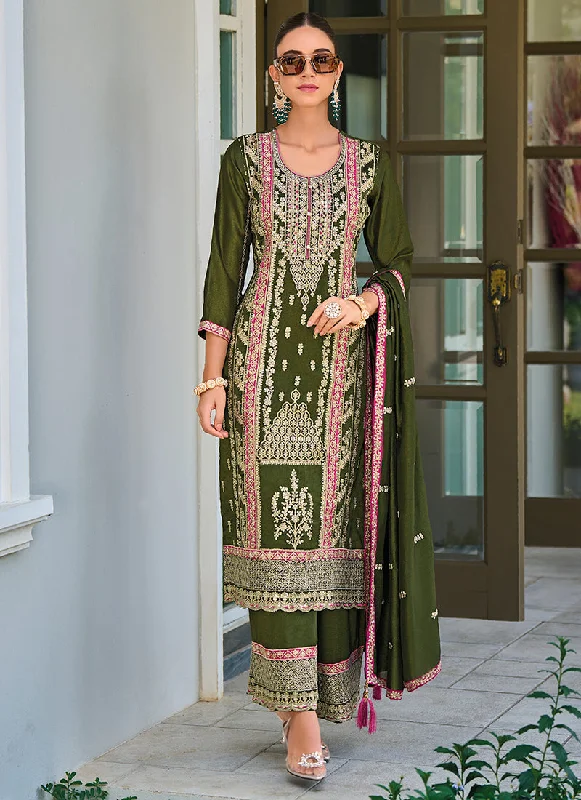 Doorbuster Deal Olive Green Multicolored Embroidery Pakistani Suit