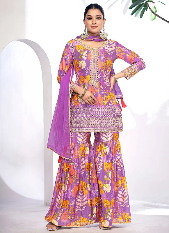 Great Bargains Purple Golden Mirror Work Embroidery Gharara Suit