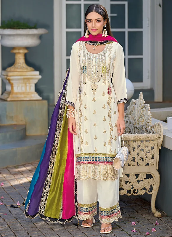 Unbeatable Prices Off White Multicolored Traditional Embroidery Pant Style Suit