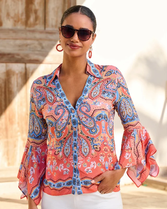 Take Advantage Border Print Flare Sleeve Shirt Multi