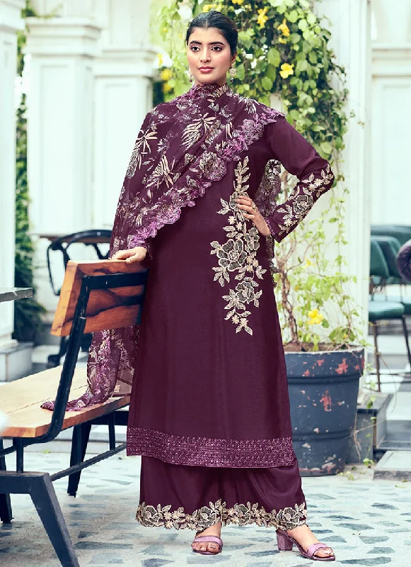 Big Savings Wine Embroidery Designer Palazzo Suit