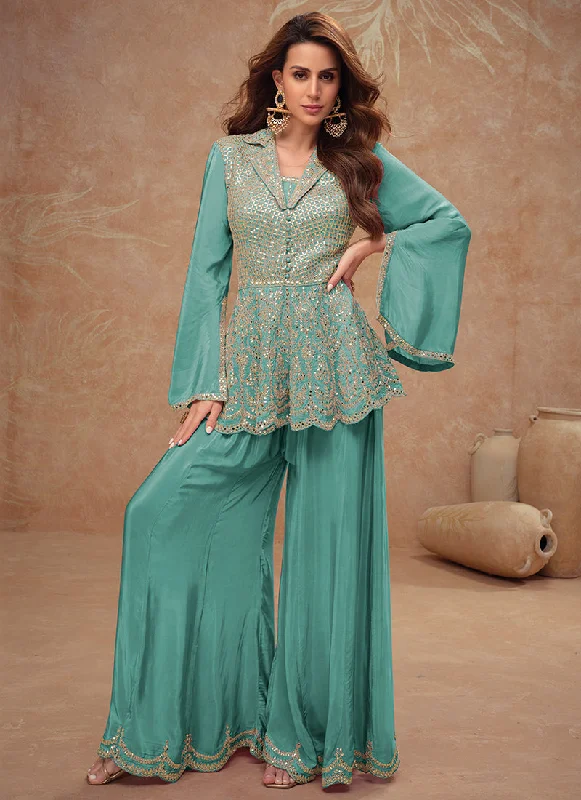 Take Advantage Teal Blue Embroidery Peplum Style Pant Suit
