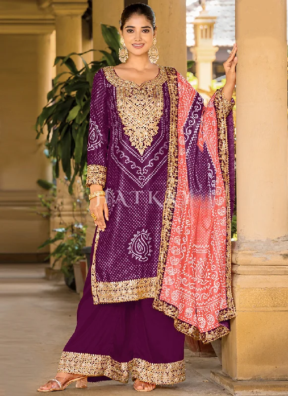 Super Sale Purple And Peach Mirror Work Printed Palazzo Suit