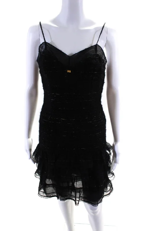 Flash Deals Chanel Womens 04A Vintage Ruffled Chiffon Tweed Slip Dress Black