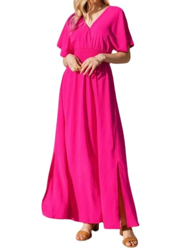 New Arrival Solid Woven Wrap Maxi Dress In Hot Pink
