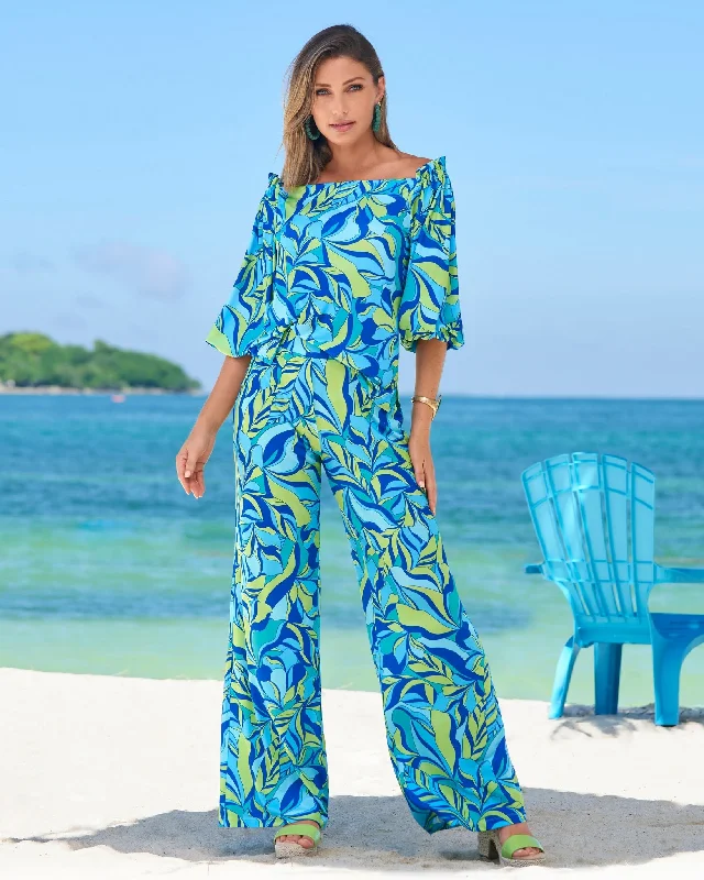 Factory Direct Sale Malibu Limelight Leaves Print Knit Palazzo Pant Green/Teal