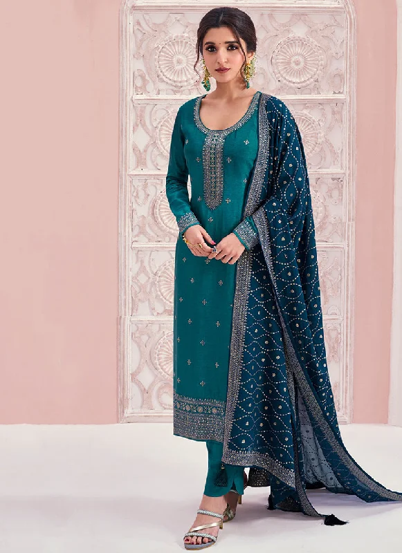 Year-End Sale Turquoise And Blue Embroidery Pakistani Pant Suit