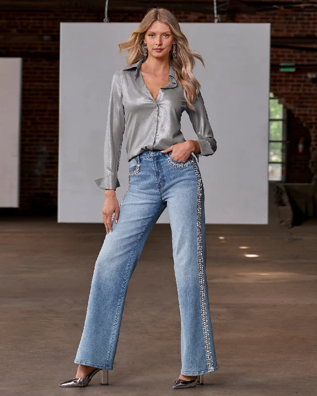 Don't Miss Malibu Embellished Crystal Trim Palazzo Jean Light Wash Denim