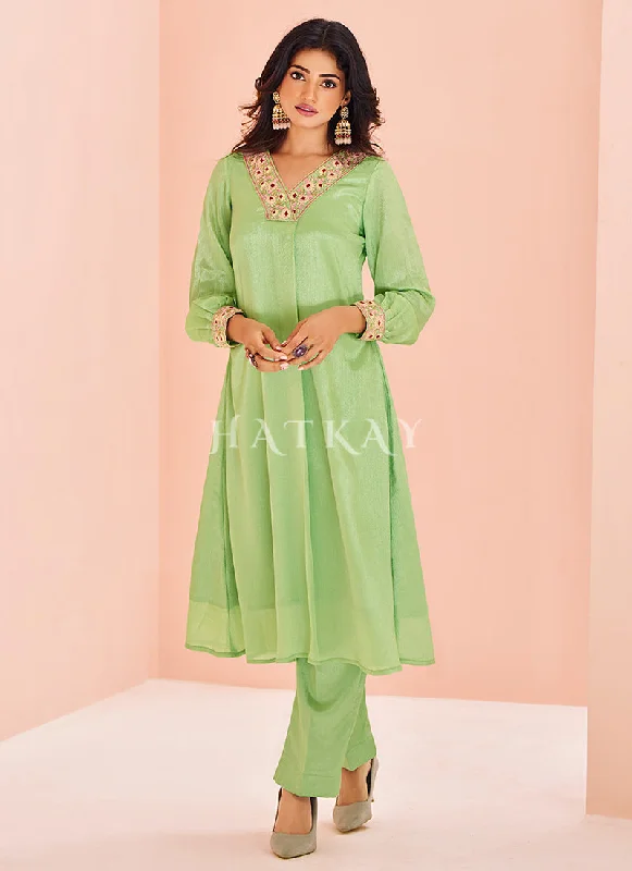 Steals and Deals Light Green Handwork Kurta And Pant Suit