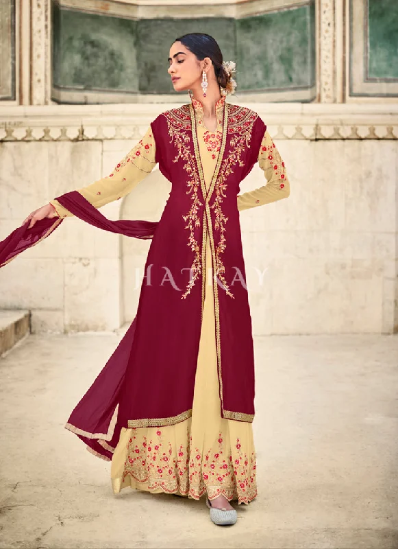 Early Access Beige And Maroon Embroidered Jacket Style Anarkali Suit