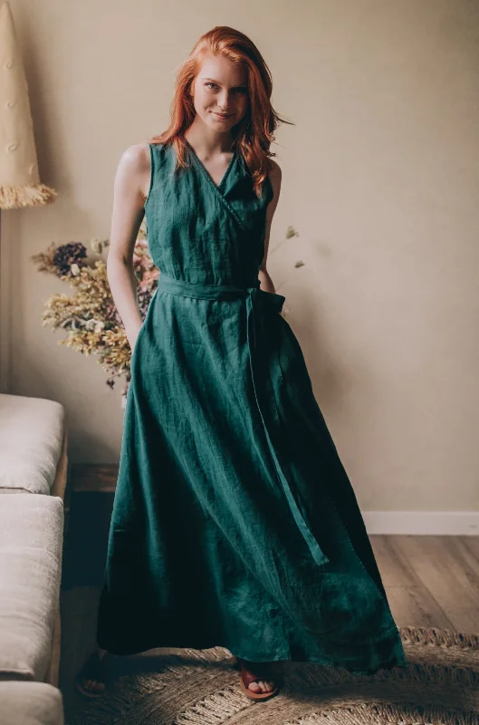 While Supplies Last Sleeveless Linen Maxi Dress with Tie Waist