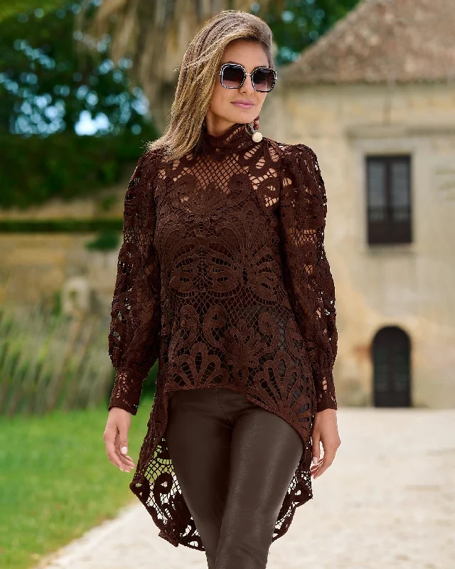 Price Reduction Mock Neck Lace High Low Blouse With Cami Cappuccino