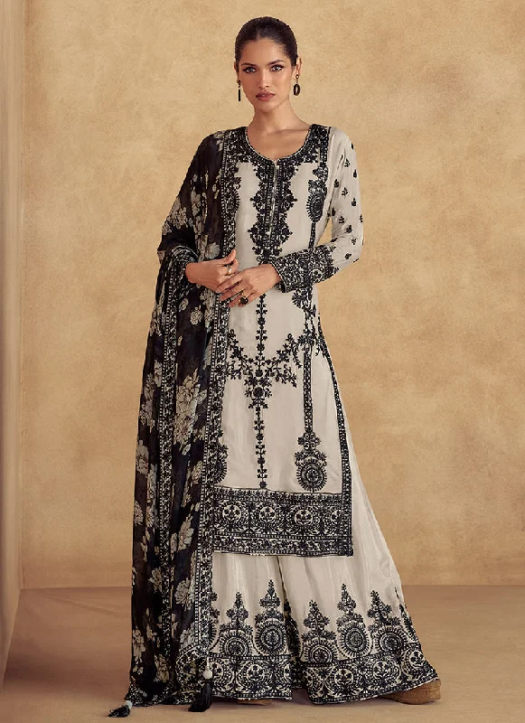 New Markdowns Off White Thread Embroidery Traditional Palazzo Suit