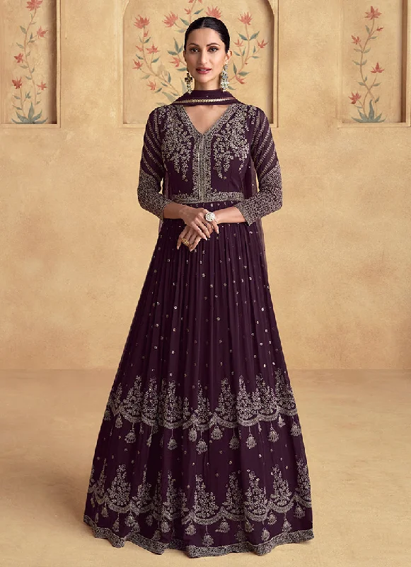Act Fast Deep Purple Embroidered Georgette Anarkali Gown Dress