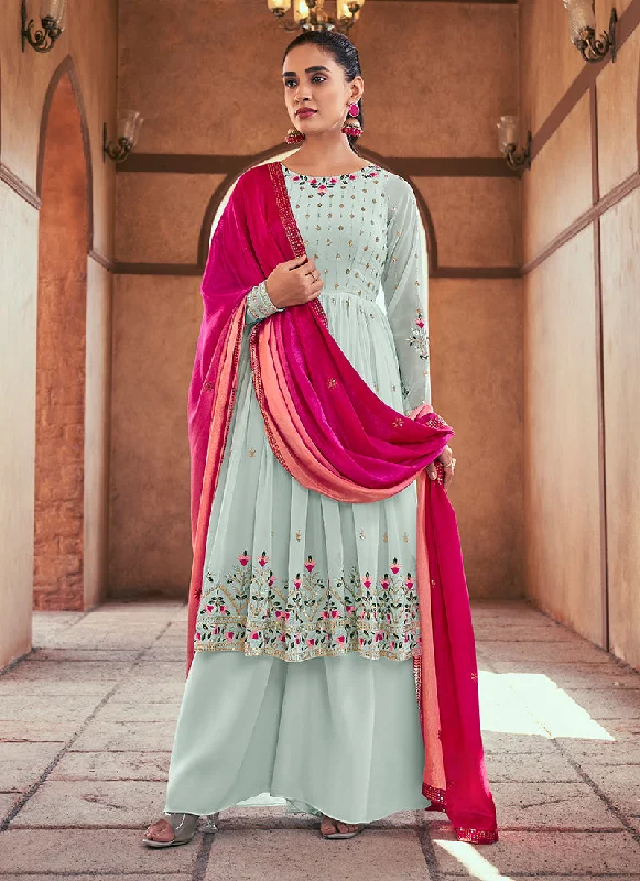Exclusive Savings Sky Blue Sequence And Thread Embroidery Anarkali Palazzo Suit