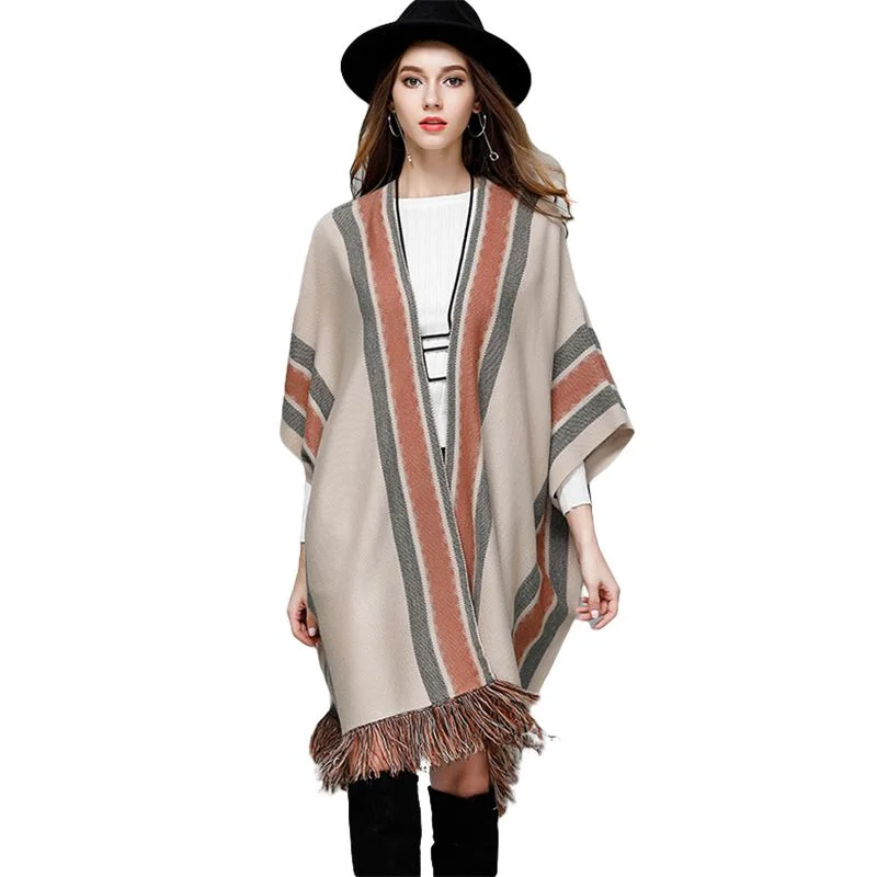 Bohemian Style Loose Pattern Vintage Stripes Print Knitted Cardigan With Tassel