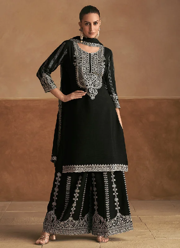 Low Prices Black Thread Embroidery Palazzo Style Suit