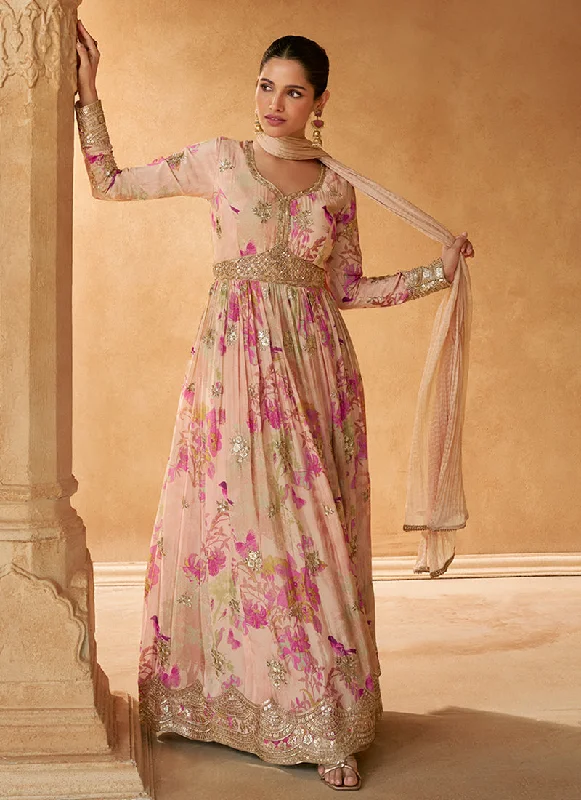 Discount Mania Pink Floral Print Embroidered Anarkali Gown