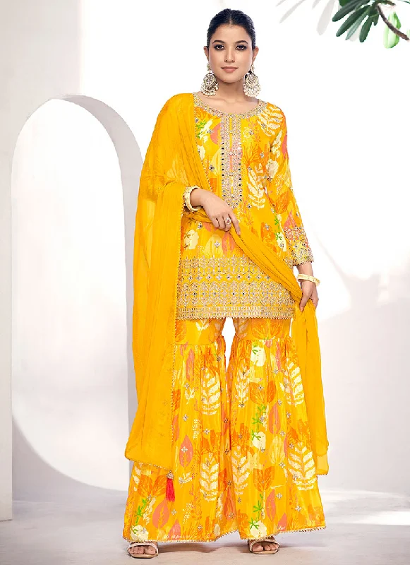 Limited Time Yellow Golden Mirror Work Embroidery Gharara Suit